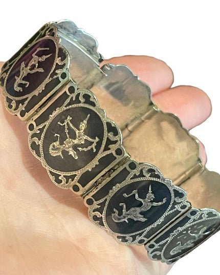 Vintage Sterling silver 925 1940s SIAM goddess enameled bracelet bangle link