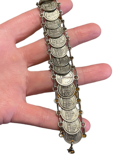 Vintage 1960s Silver Paris Eiffel Tower Travel Vacation coin link bracelet