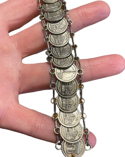 Vintage 1960s Silver Paris Eiffel Tower Travel Vacation coin link bracelet