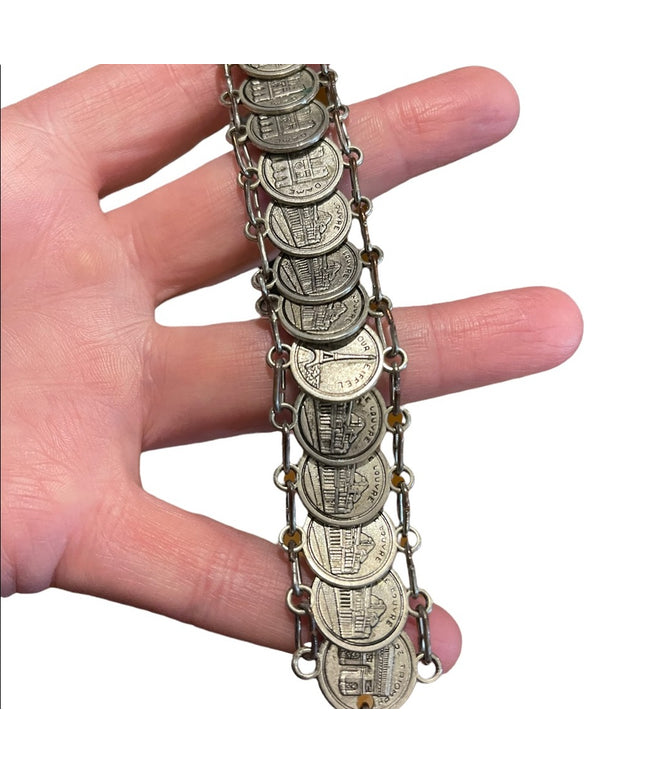 Vintage 1960s Silver Paris Eiffel Tower Travel Vacation coin link bracelet