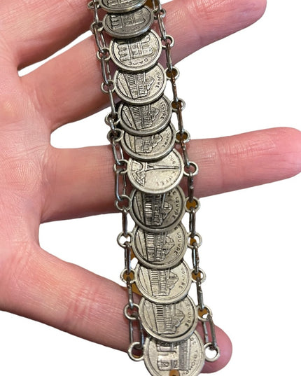 Vintage 1960s Silver Paris Eiffel Tower Travel Vacation coin link bracelet