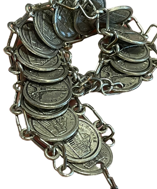Vintage 1960s Silver Paris Eiffel Tower Travel Vacation coin link bracelet