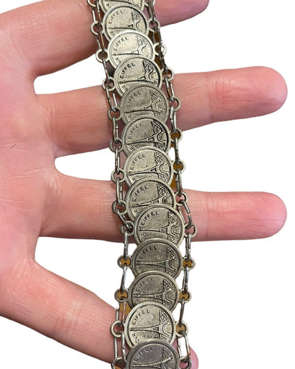 Vintage 1960s Silver Paris Eiffel Tower Travel Vacation coin link bracelet