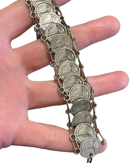Vintage 1960s Silver Paris Eiffel Tower Travel Vacation coin link bracelet