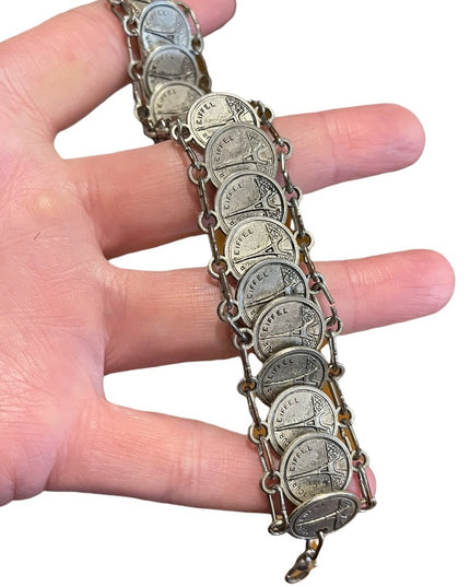 Vintage 1960s Silver Paris Eiffel Tower Travel Vacation coin link bracelet