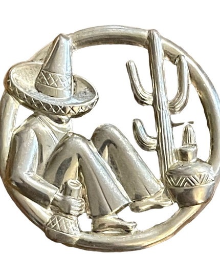 Vintage mid century Sterling 925 Sitting Mexican Mexico brooch cactus