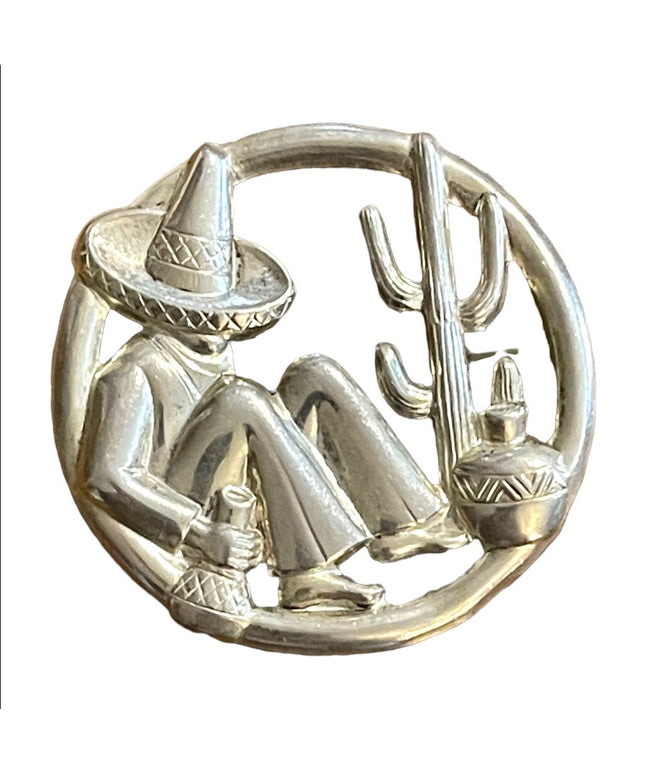 Vintage mid century Sterling 925 Sitting Mexican Mexico brooch cactus