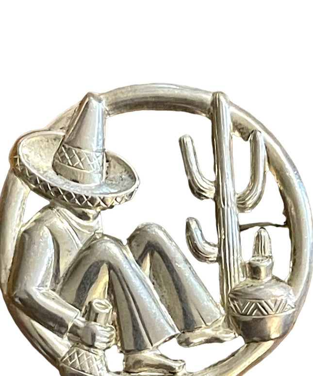 Vintage mid century Sterling 925 Sitting Mexican Mexico brooch cactus