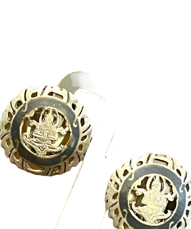 Vintage 1940s SIAM sterling silver 925 black enameled goddess clip on earrings
