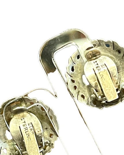 Vintage 1940s SIAM sterling silver 925 black enameled goddess clip on earrings