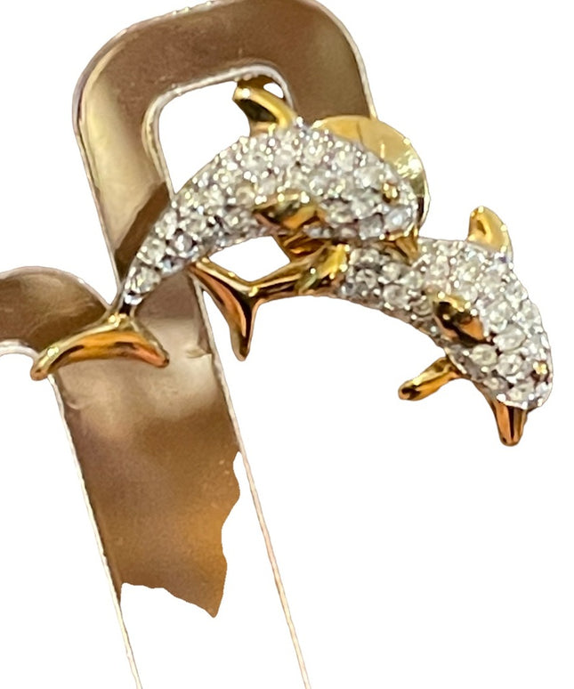 Vintage 1990s Gold plated Authentic Swarovski Crystal Dolphin Pin Brooch (Swan)