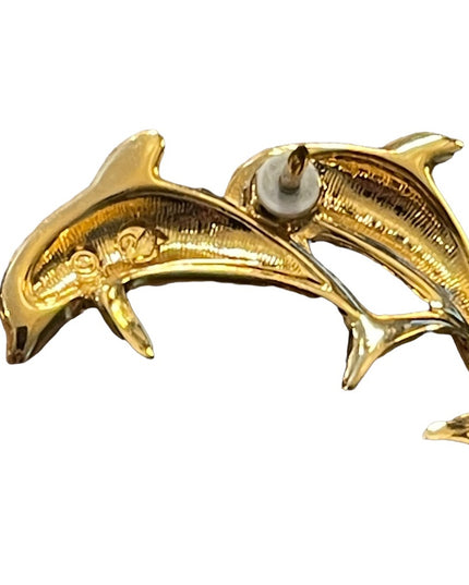 Vintage 1990s Gold plated Authentic Swarovski Crystal Dolphin Pin Brooch (Swan)