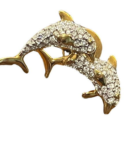 Vintage 1990s Gold plated Authentic Swarovski Crystal Dolphin Pin Brooch (Swan)