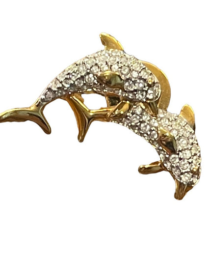 Vintage 1990s Gold plated Authentic Swarovski Crystal Dolphin Pin Brooch (Swan)