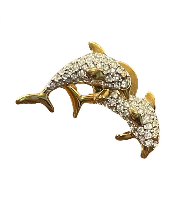Vintage 1990s Gold plated Authentic Swarovski Crystal Dolphin Pin Brooch (Swan)