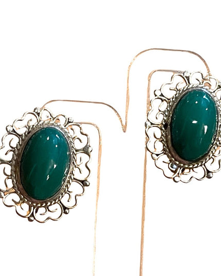 Vintage 925 Sterling silver Mexico filagree fancy oval Green Agate earrings
