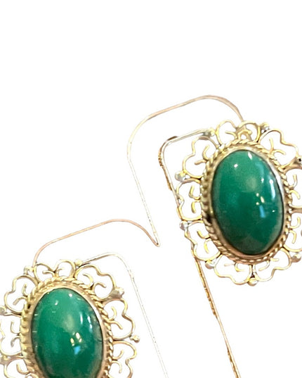 Vintage 925 Sterling silver Mexico filagree fancy oval Green Agate earrings