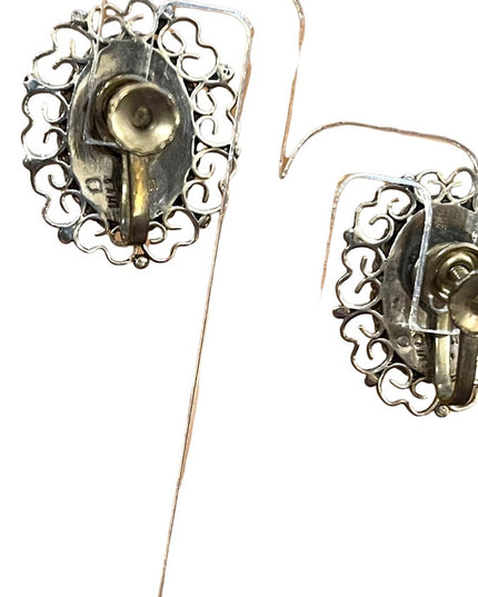 Vintage 925 Sterling silver Mexico filagree fancy oval Green Agate earrings