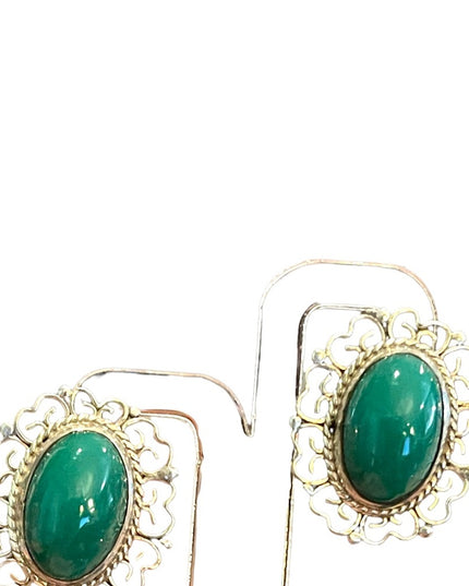 Vintage 925 Sterling silver Mexico filagree fancy oval Green Agate earrings