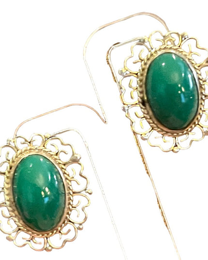 Vintage 925 Sterling silver Mexico filagree fancy oval Green Agate earrings