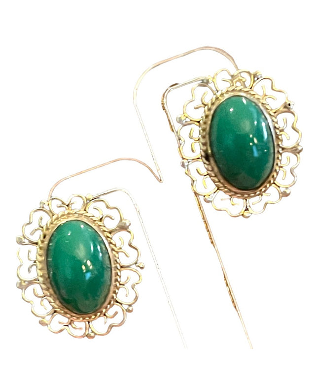 Vintage 925 Sterling silver Mexico filagree fancy oval Green Agate earrings
