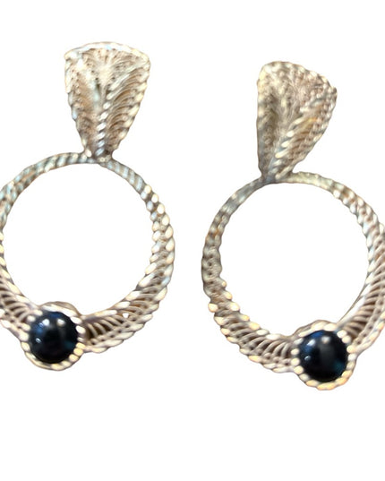 Vintage silver filagree black onyx fancy dangle earrings