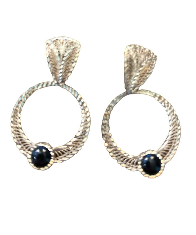 Vintage silver filagree black onyx fancy dangle earrings