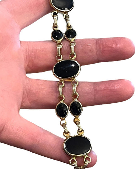 Vintage 1960s Gold plt Black Onyx large link bracelet