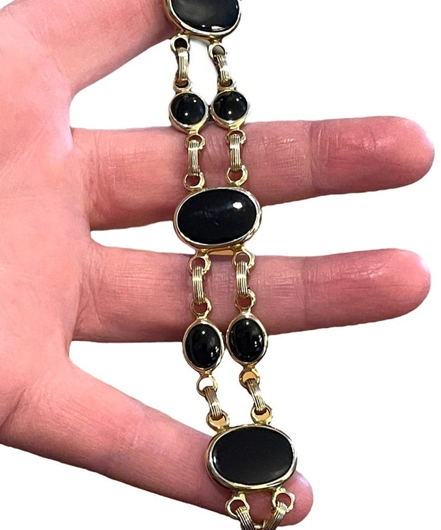 Vintage 1960s Gold plt Black Onyx large link bracelet