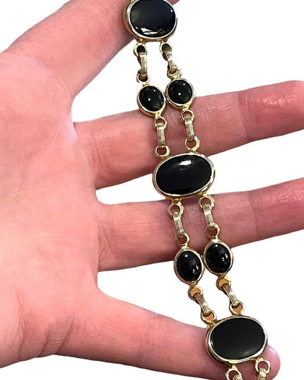Vintage 1960s Gold plt Black Onyx large link bracelet
