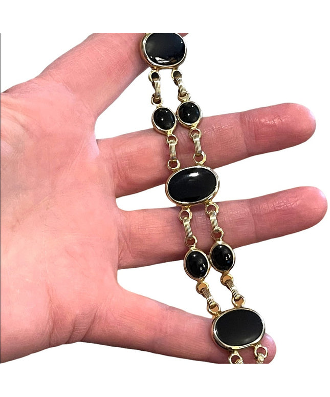 Vintage 1960s Gold plt Black Onyx large link bracelet