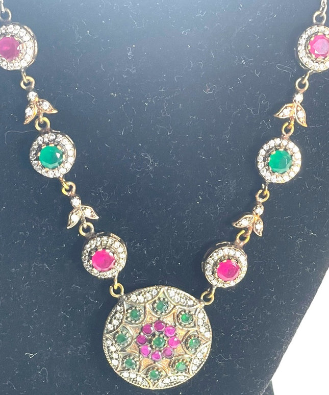 Vintage ornate TURKISH OTTOMAN RUBY EMERALD COLOR Fancy Sterling silver necklace