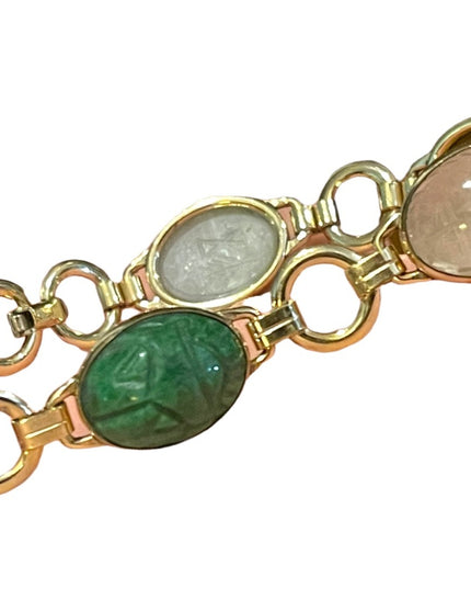 Vintage 10K Gold Filled Egypt SCARAB carved stone bug link bracelet
