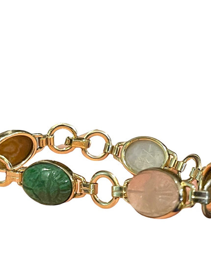 Vintage 10K Gold Filled Egypt SCARAB carved stone bug link bracelet