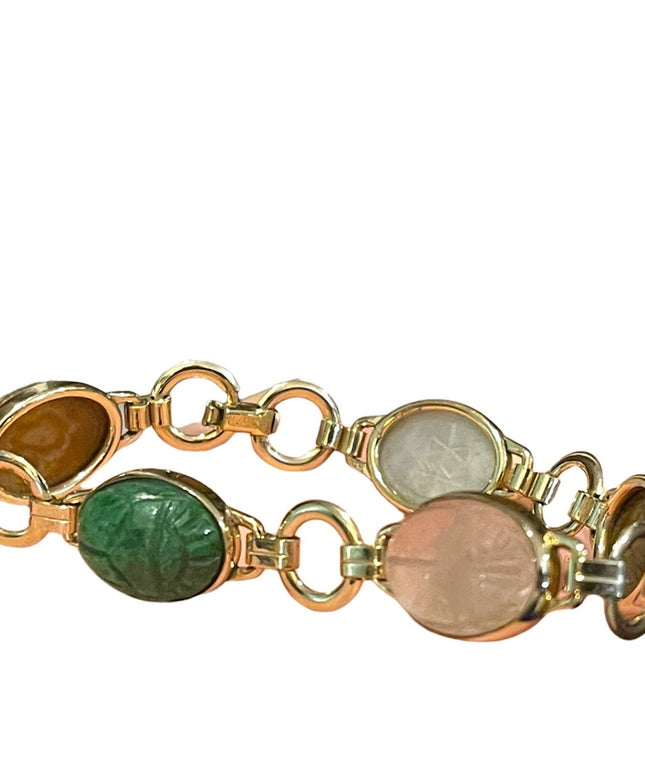 Vintage 10K Gold Filled Egypt SCARAB carved stone bug link bracelet