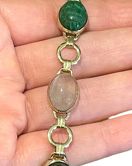 Vintage 10K Gold Filled Egypt SCARAB carved stone bug link bracelet