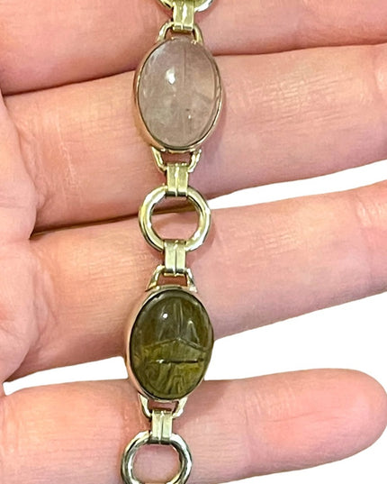 Vintage 10K Gold Filled Egypt SCARAB carved stone bug link bracelet