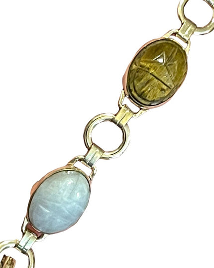 Vintage 10K Gold Filled Egypt SCARAB carved stone bug link bracelet