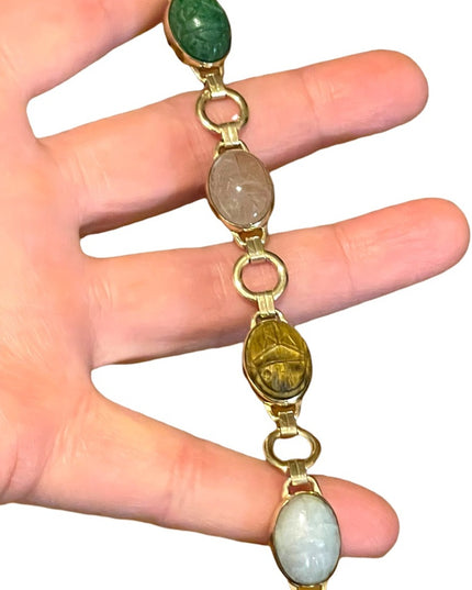 Vintage 10K Gold Filled Egypt SCARAB carved stone bug link bracelet
