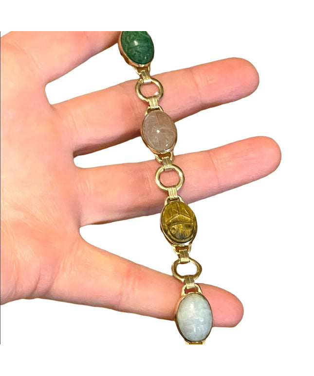 Vintage 10K Gold Filled Egypt SCARAB carved stone bug link bracelet