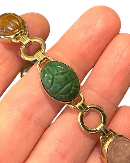 Vintage 10K Gold Filled Egypt SCARAB carved stone bug link bracelet