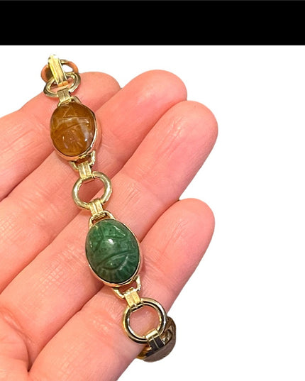 Vintage 10K Gold Filled Egypt SCARAB carved stone bug link bracelet