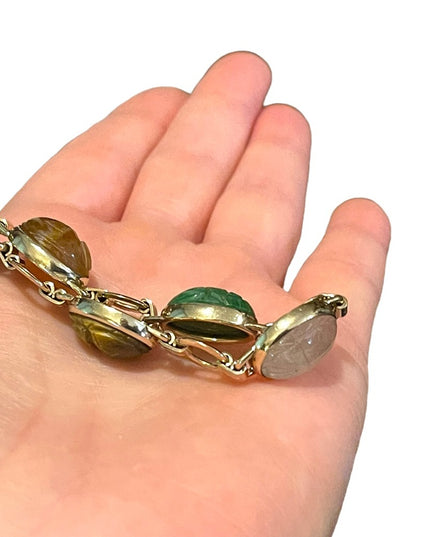 Vintage 10K Gold Filled Egypt SCARAB carved stone bug link bracelet