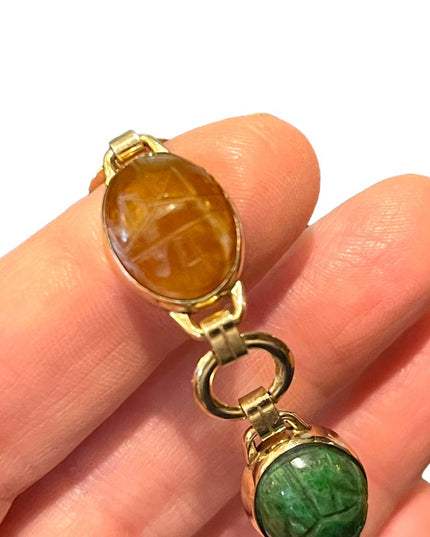 Vintage 10K Gold Filled Egypt SCARAB carved stone bug link bracelet