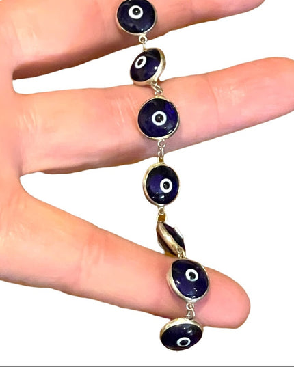 Sterling silver 925 Blue glass EVIL EYE link bracelet