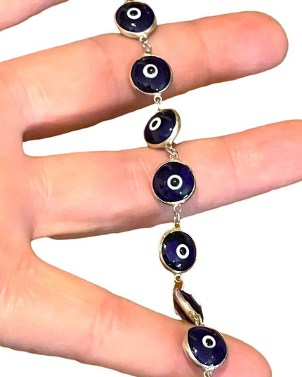 Sterling silver 925 Blue glass EVIL EYE link bracelet