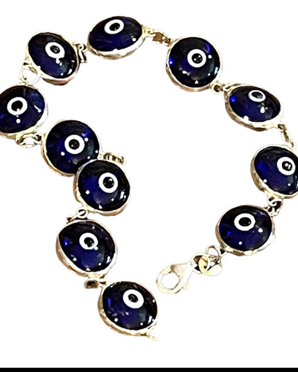 Sterling silver 925 Blue glass EVIL EYE link bracelet