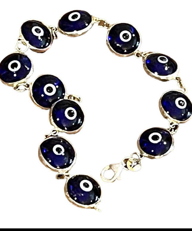 Sterling silver 925 Blue glass EVIL EYE link bracelet