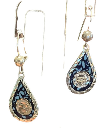Vintage Sterling Mexico stone inlay Mayan Symbol Fancy dangle earrings