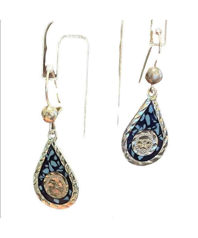 Vintage Sterling Mexico stone inlay Mayan Symbol Fancy dangle earrings